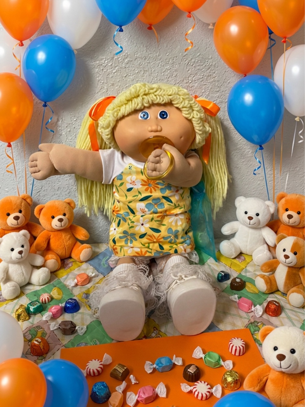 Vintage Cabbage Patch Kid Girl With Pacifier Lemon Hair Blue Eyes HM#6 1985